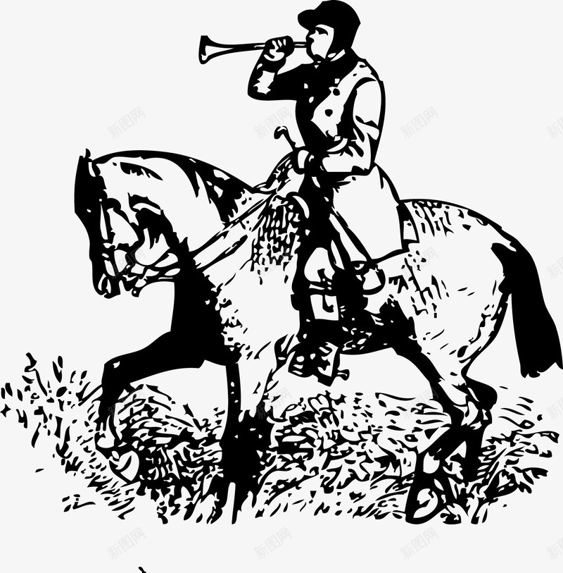 吹喇叭的军人矢量图图标ai_新图网 https://ixintu.com 免费矢量下载 军人骑马扛旗 吹喇叭的军人 复古 手绘 矢量图 马匹 骑马的人物