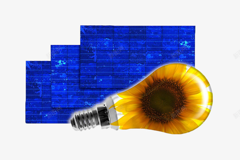 蓝色发电板和创意灯泡png免抠素材_新图网 https://ixintu.com 光伏 光伏发电 创意花卉灯泡 发电板 太阳能 自色能源 蓝色