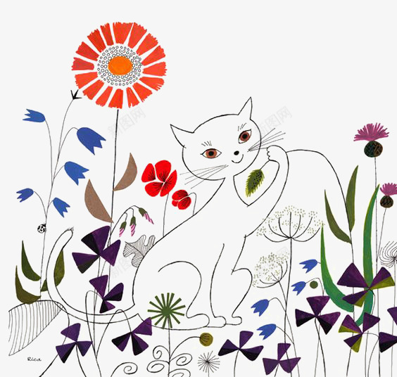 手绘简笔画猫咪png免抠素材_新图网 https://ixintu.com 卡通 手绘 插画 植物 猫咪 花朵