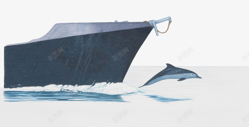 蓝色油画风格小船psd免抠素材_新图网 https://ixintu.com 大海 油画风格 船头 鲸鱼