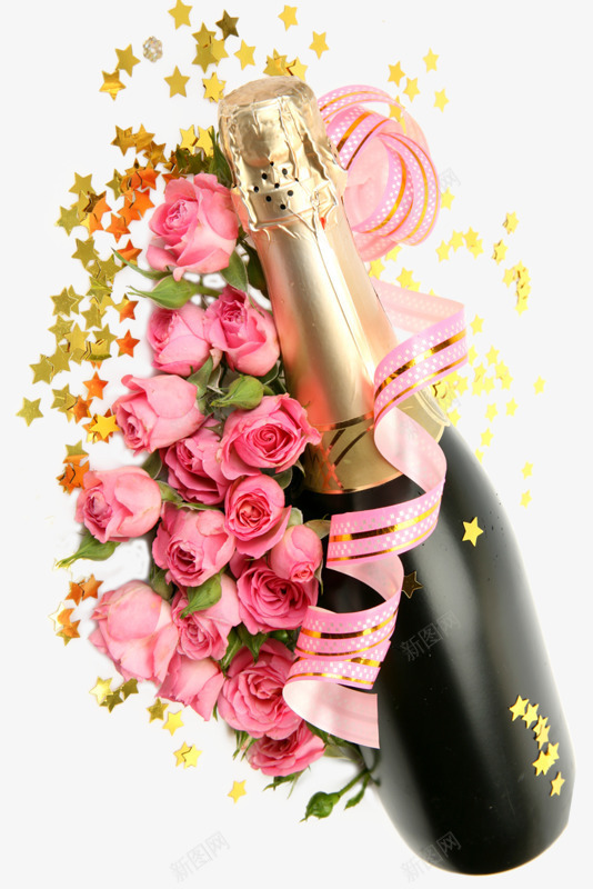 节日香槟玫瑰花png免抠素材_新图网 https://ixintu.com 玫瑰花 绸带 花朵 酒瓶 香槟