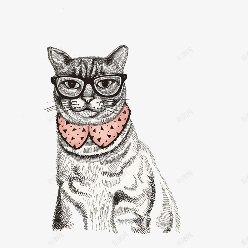 猫咪动物装饰画psd免抠素材_新图网 https://ixintu.com 动物 粉色 线描装饰画 绘画