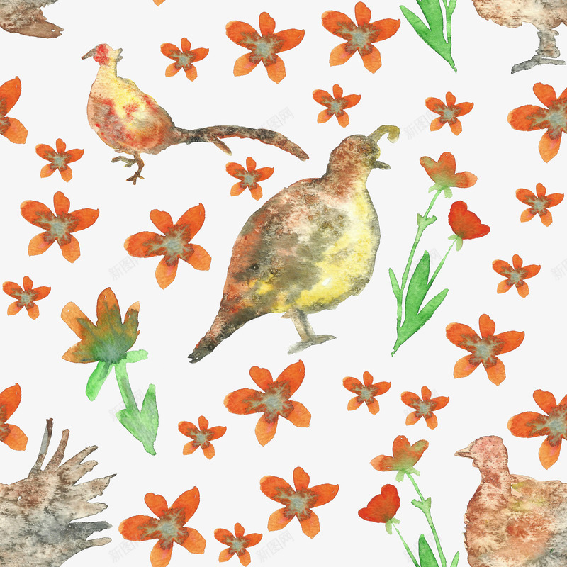 花朵鸟禽png免抠素材_新图网 https://ixintu.com 卡通 图案 手绘 棕色 橘色 花朵 装饰 鸟禽