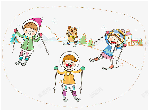 卡通雪地里滑雪的孩子png免抠素材_新图网 https://ixintu.com 免抠三个女孩 卡通 树木 欢快的孩子 滑雪的孩子 雪地里