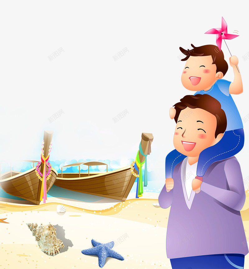 卡通手绘看风景的父子psd免抠素材_新图网 https://ixintu.com 卡通 手绘 看风景的父子 船只 蓝色的大海 高兴的父子