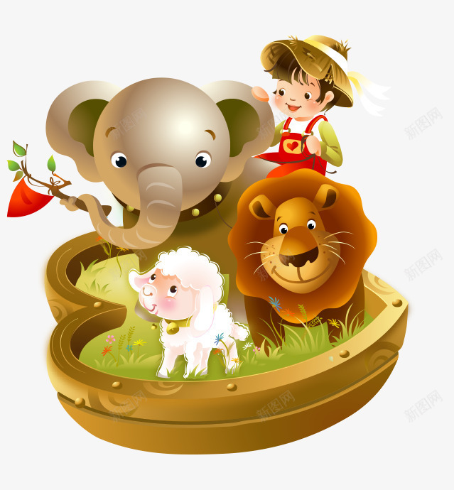 卡通手绘小孩大象狮子绵羊png免抠素材_新图网 https://ixintu.com 卡通的动物 手绘的大象 手绘的小孩 手绘的狮子 绵羊