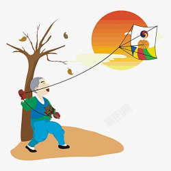 古代放风筝小和尚夕阳下放风筝高清图片