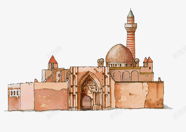 手绘建筑物png免抠素材_新图网 https://ixintu.com 中世纪 复古 插画 欧式宫殿 红砖墙