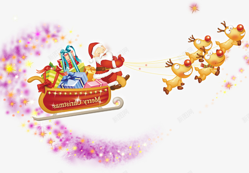 彩色圣诞老人驾鹿车送礼物图案png免抠素材_新图网 https://ixintu.com 卡通 可爱 圣诞 彩色 礼物 麋鹿