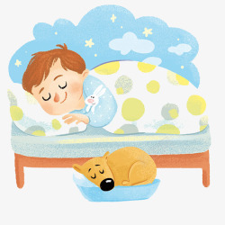有创造的插画和狗狗一起睡觉的男孩高清图片
