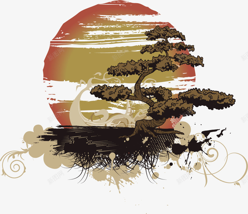 手绘古典松树与落日png免抠素材_新图网 https://ixintu.com 中国风 古典 手绘 松树 落日