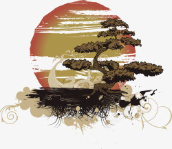 手绘古典松树与落日素材