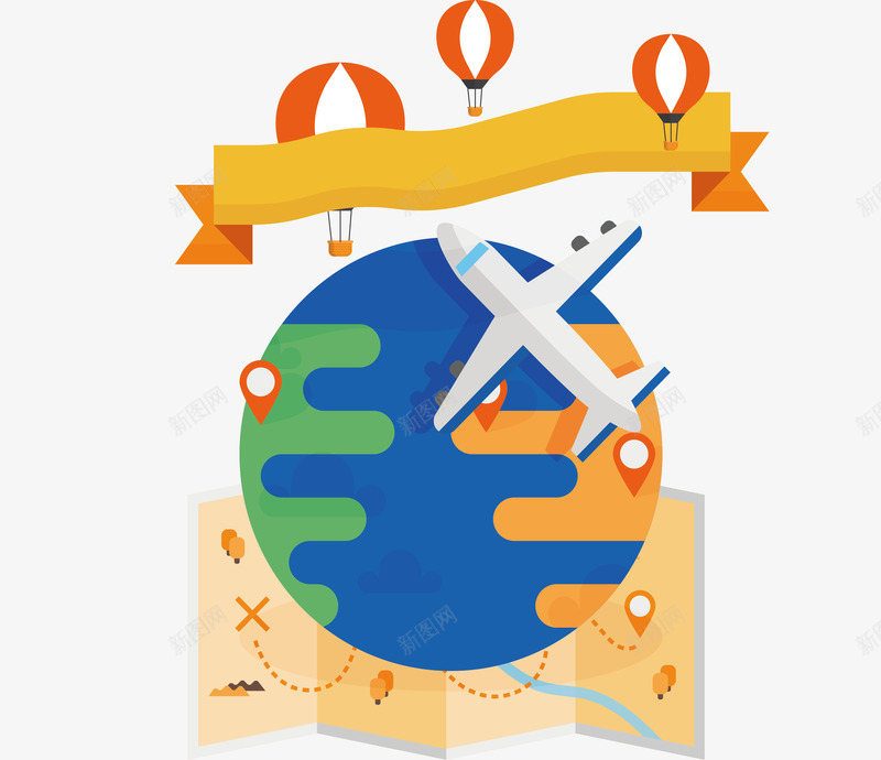 环球旅行海报png免抠素材_新图网 https://ixintu.com 地球 折叠地图 旅行海报 热气球 环球旅行 矢量png