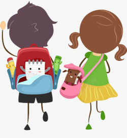 上学孩童卡通两孩童背着书包一起上学高清图片