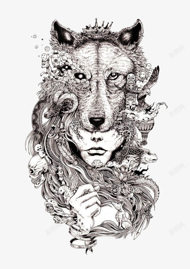 带着狮子面具的女子png免抠素材_新图网 https://ixintu.com 动物 女子 神秘 面具