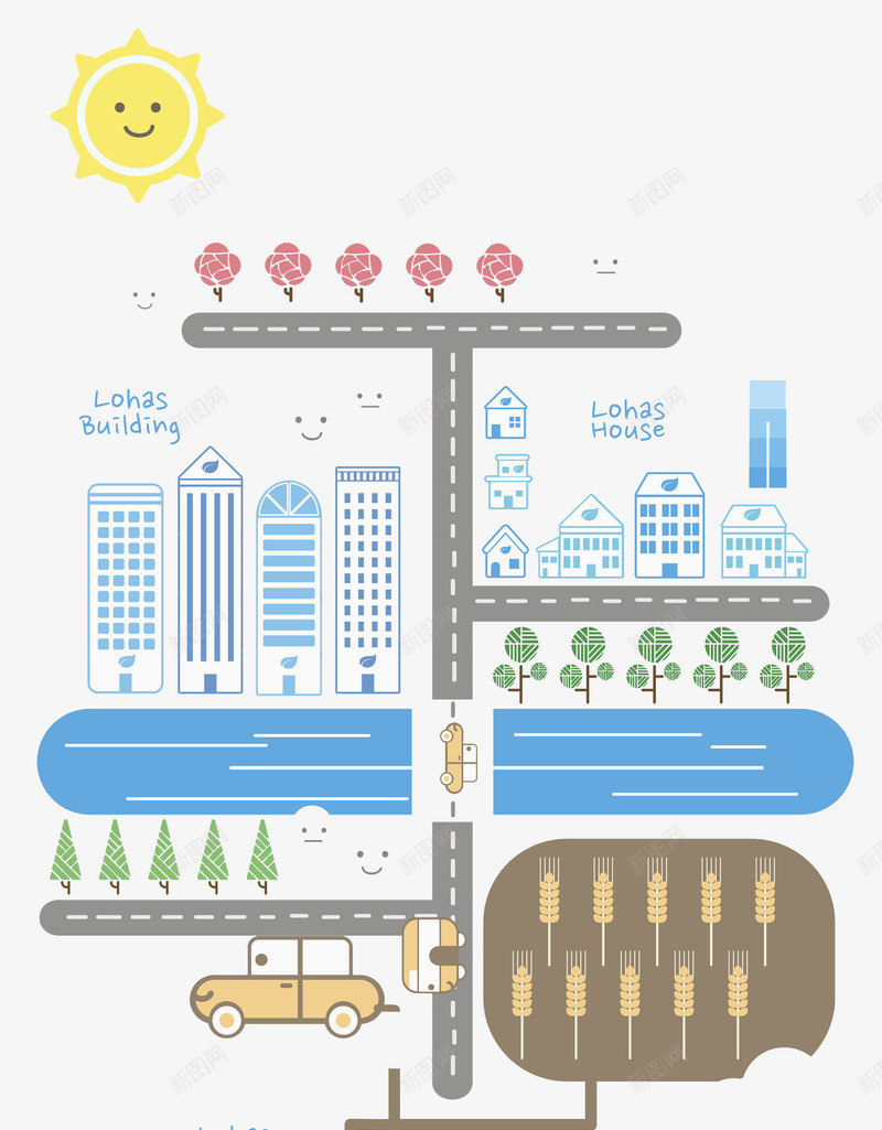 灰色公路png免抠素材_新图网 https://ixintu.com 公路 太阳 建筑 微笑 微笑表情 手绘 树木 灰色 笑脸花朵 花朵