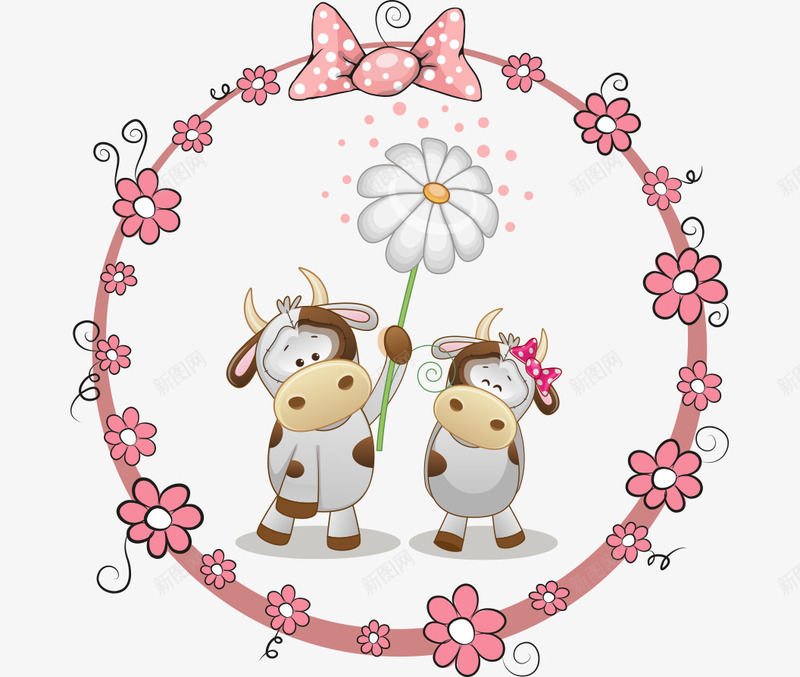 卡通手绘奶牛情侣拿花朵示爱png免抠素材_新图网 https://ixintu.com 卡通的动物 手绘的奶牛