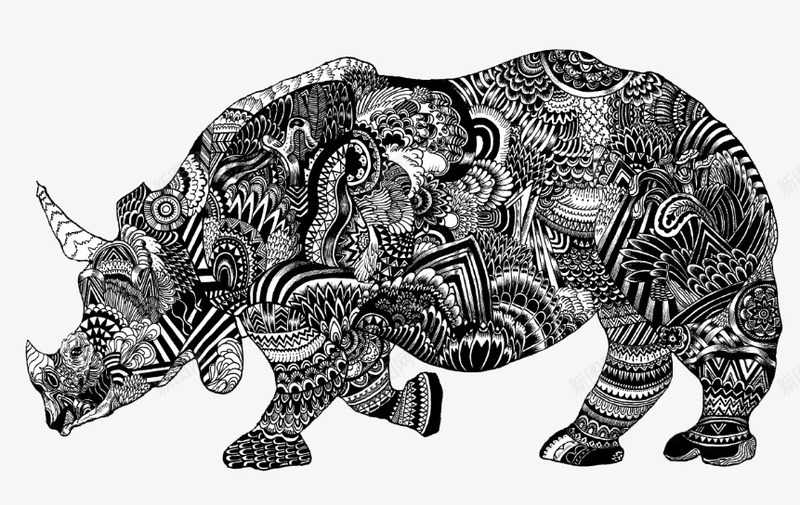 手绘犀牛png免抠素材_新图网 https://ixintu.com 创意 创意花纹 手绘 手绘犀牛 拼接 犀牛