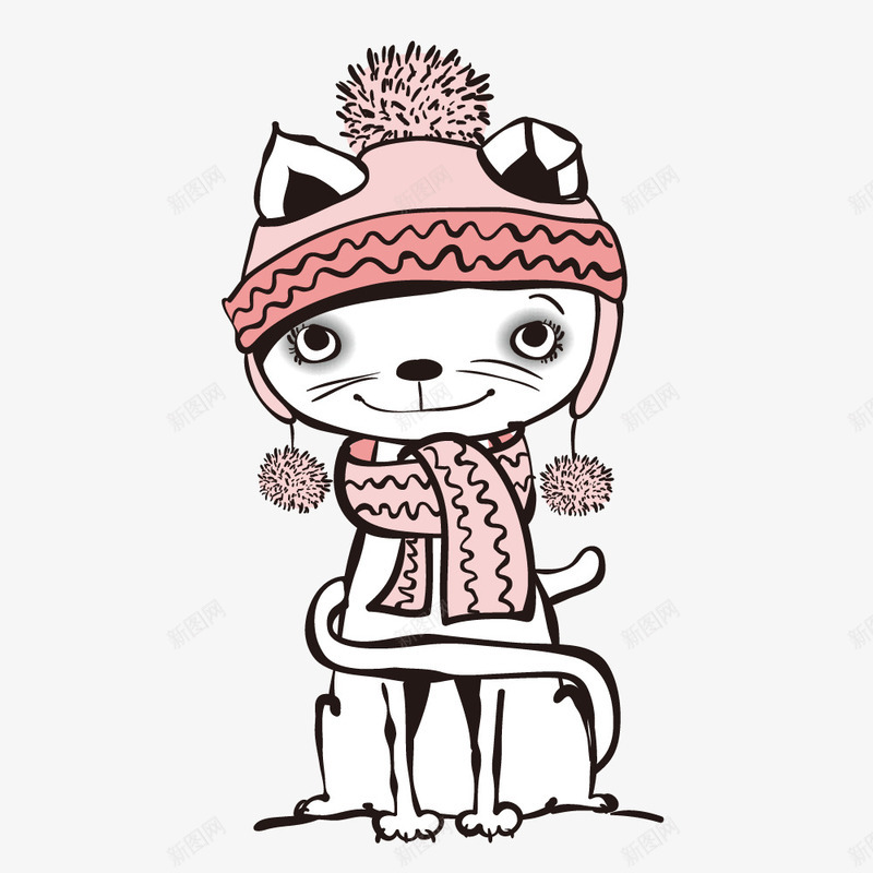 戴帽子的猫咪简图png免抠素材_新图网 https://ixintu.com 保暖 冬季 动物 可爱的 围巾 帽子 手绘图 猫咪