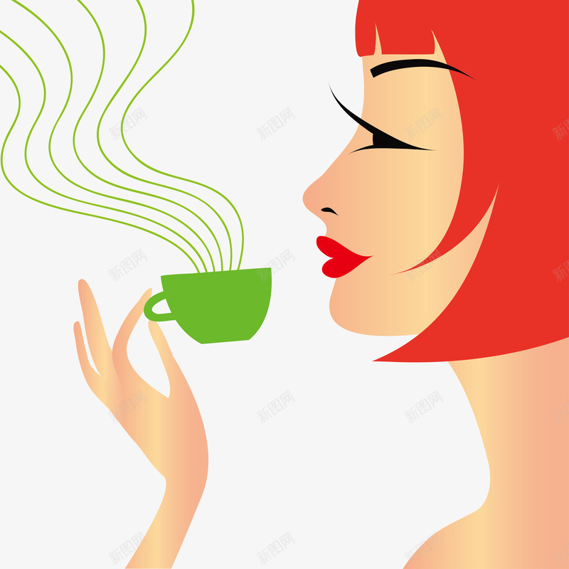 喝茶的女人png免抠素材_新图网 https://ixintu.com 时尚 杯子 红发 茶