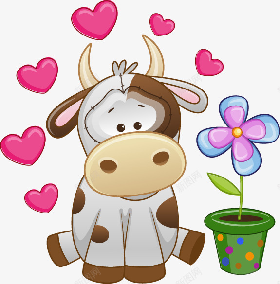 卡通动物小牛png免抠素材_新图网 https://ixintu.com 动物 卡通 奶牛 小牛 心形 粉色 花卉