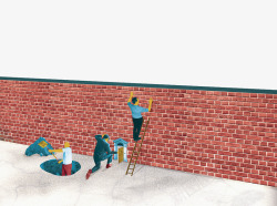 方形小人插图堆砌放砖墙高清图片
