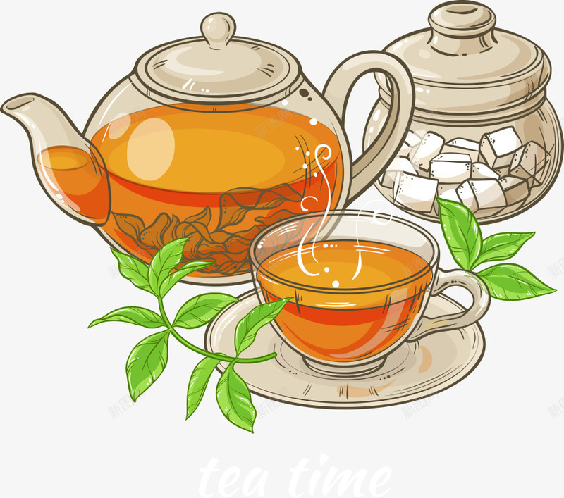 茶水和糖块png免抠素材_新图网 https://ixintu.com 卡通糖块 杯子 糖块 茶壶 茶杯 茶水