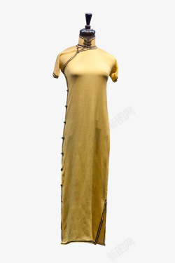 旗袍模特黄色短袖丝制旗袍高清图片