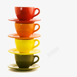 杯盘四个彩色咖啡杯高清图片