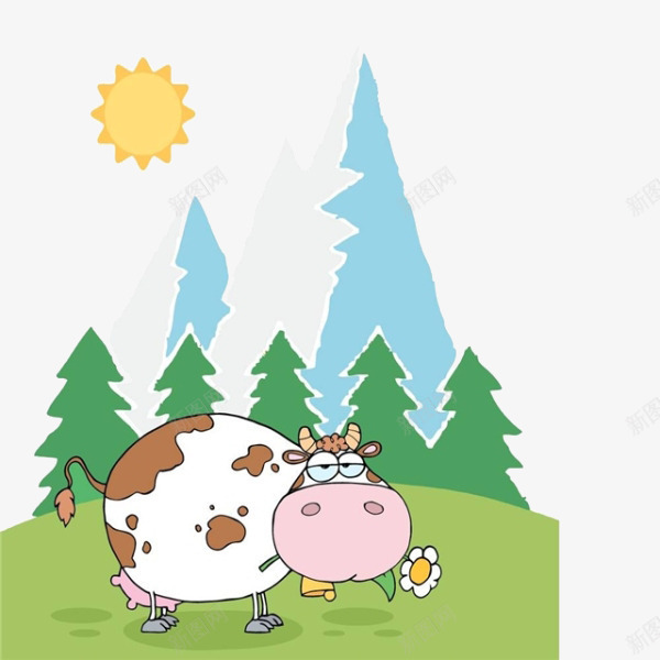 卡通草地上的奶牛png免抠素材_新图网 https://ixintu.com 卡通 太阳 奶牛 草地 草地上的