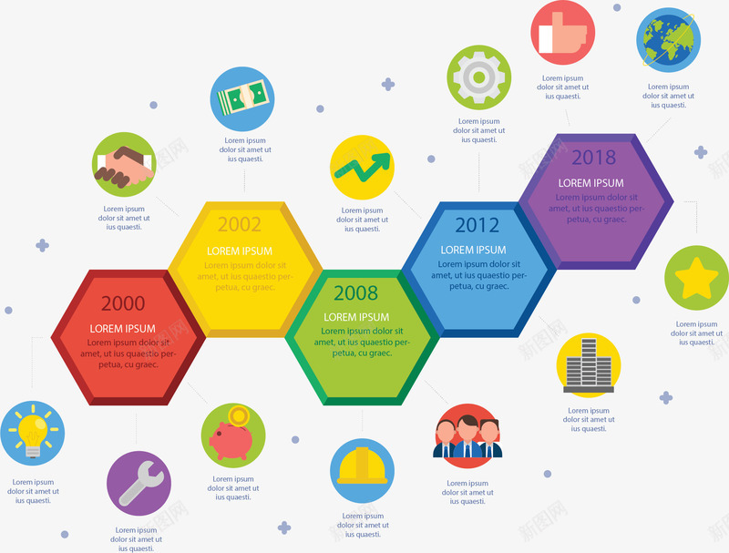 彩色六边形时间轴矢量图ai免抠素材_新图网 https://ixintu.com 多边形 拼接六边形 时间轴 步骤图 流程图 矢量png 矢量图