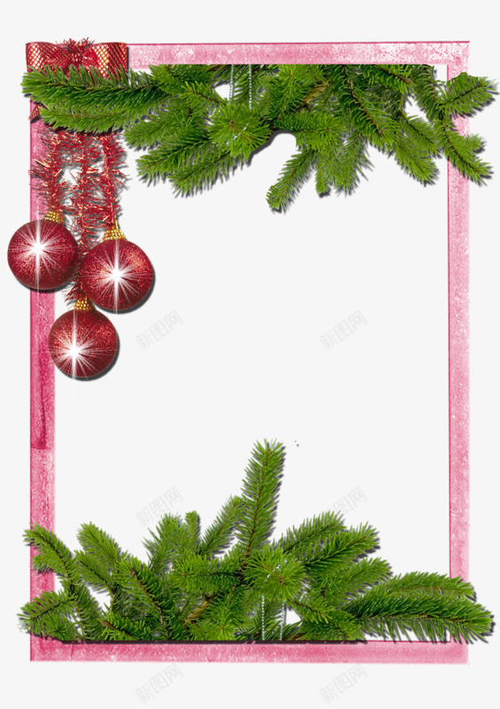 卡通节日边框png免抠素材_新图网 https://ixintu.com 圣诞节边框 彩色玻璃球 松树 粉色边框
