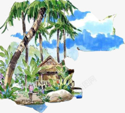 绘画椰树旅游景观素材
