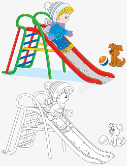 玩狗滑滑梯的男孩卡通画高清图片