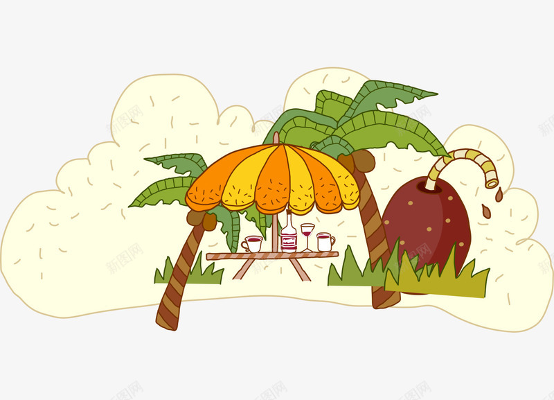 卡通手绘夏日椰树遮阳伞png免抠素材_新图网 https://ixintu.com 卡通的遮阳伞 卡通的风景 手绘的夏日 手绘的椰树