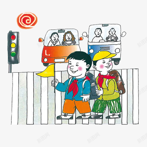 可爱的小孩png免抠素材_新图网 https://ixintu.com 卡通 卡通斑马线 可爱的 小孩 汽车 简笔 红色的 马路