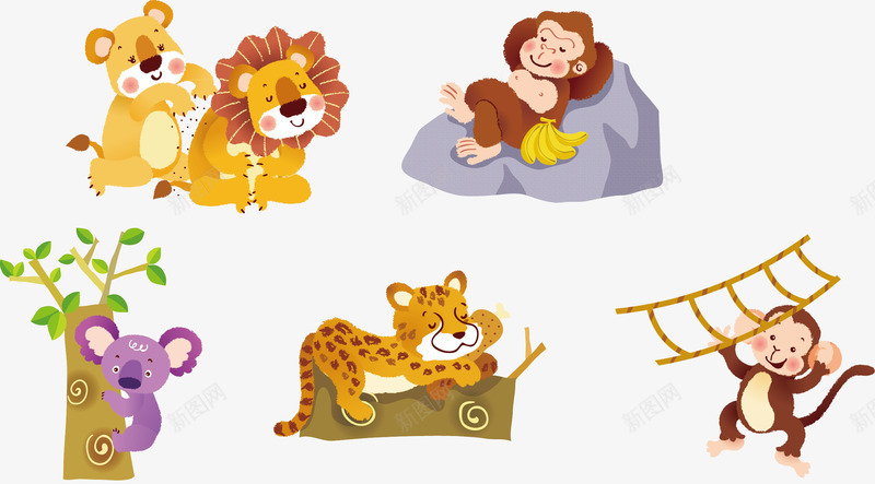 狮子猴子动物卡通海报png免抠素材_新图网 https://ixintu.com 动物 动物卡通 卡通猴子 狮子 狮子矢量 猴子 猴子卡通