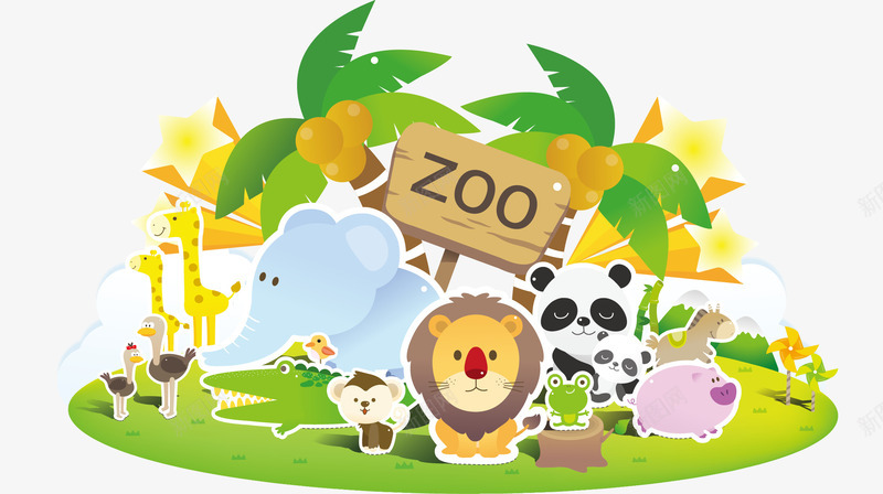 动物园png免抠素材_新图网 https://ixintu.com zoo 动物园 大象 狮子 绿色 长颈鹿 鳄鱼