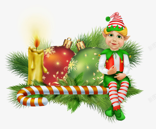 圣诞蜡烛和圣诞球png免抠素材_新图网 https://ixintu.com 卡通 卡通小孩 圣诞树枝 圣诞球 圣诞装饰 蜡烛