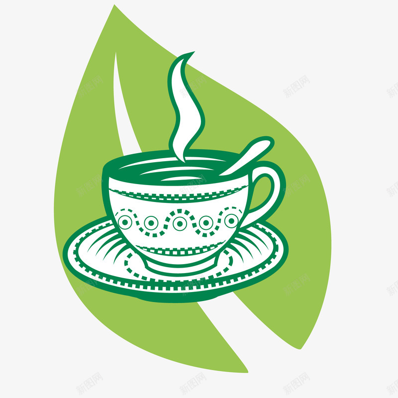 绿色背景和冒热气的咖啡杯png免抠素材_新图网 https://ixintu.com 勺子 咖啡套 咖啡杯子 绿叶 装饰图案