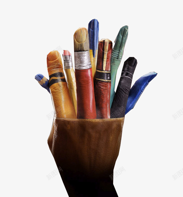 手型笔筒png免抠素材_新图网 https://ixintu.com 人体绘画 人体艺术 创意 学习用品 形象 手上绘画 手型 手绘 掌上绘画 棕色 笔筒 红色 绘画 艺术 蓝色 逼真 黄色