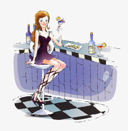 吧台喝酒女子卡通吧台喝酒高清图片