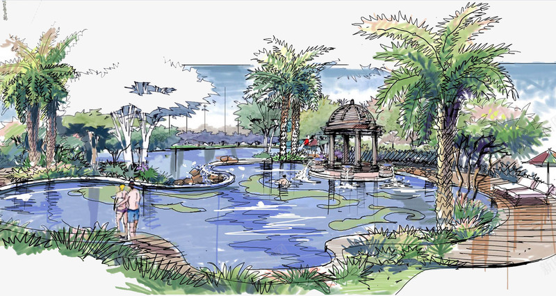 游泳池png免抠素材_新图网 https://ixintu.com 手绘 插画 椰树 游泳池