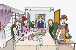 闺蜜聚餐卡通人物插图聚在一起的女人高清图片