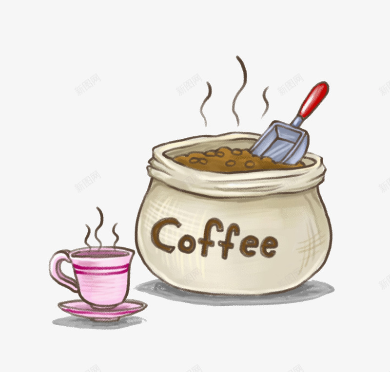 一袋咖啡png免抠素材_新图网 https://ixintu.com 卡通 可口的 咖啡 杯子 美味的 袋子 铲子