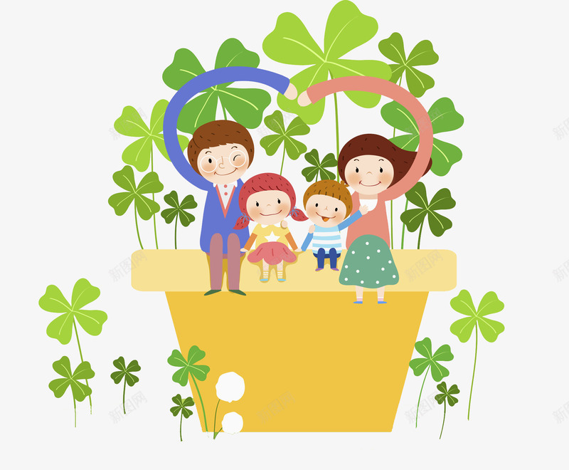卡通盆景上的一家人图png免抠素材_新图网 https://ixintu.com 一家人 卡通 四叶草 植物 温馨的 盆景 绿色的 高兴的