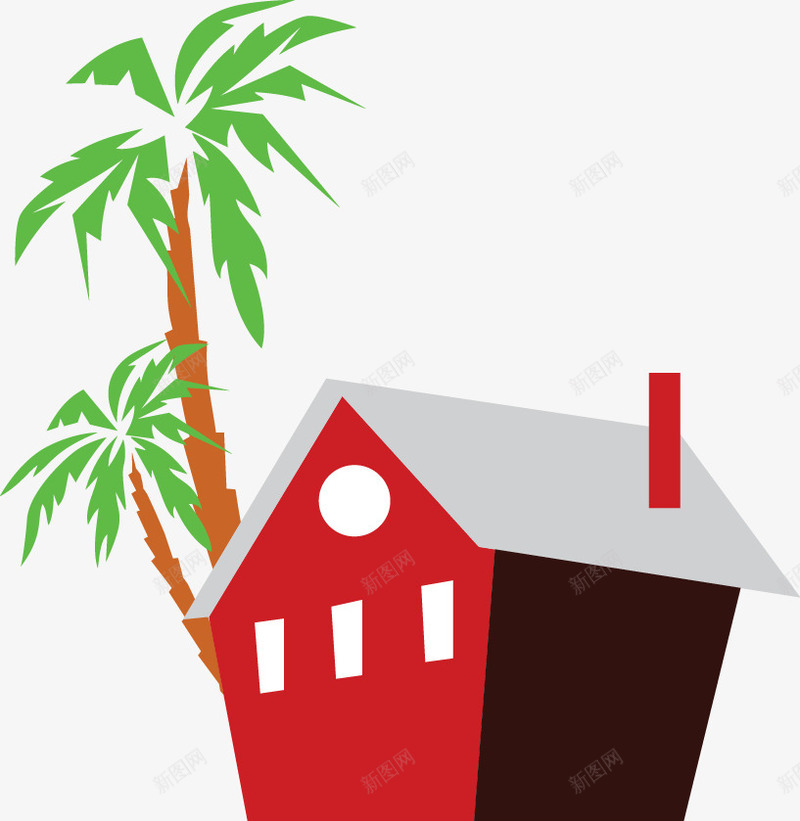 房屋上的树png免抠素材_新图网 https://ixintu.com 冬季 房子上的树 椰树 烟囱