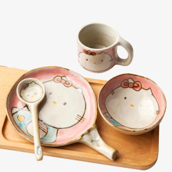 小猫手绘套碗粉色日系卡通风格套碗高清图片