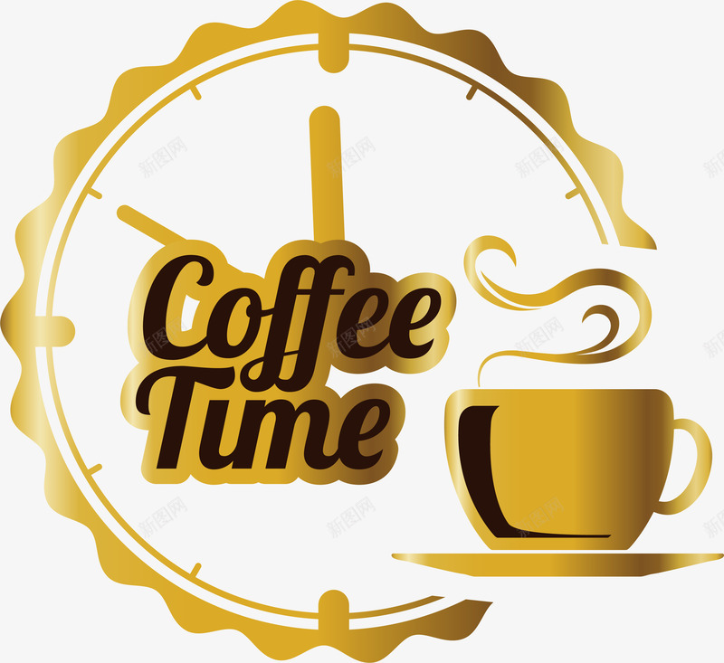 金色咖啡杯子png免抠素材_新图网 https://ixintu.com coffee time 咖啡时间 咖啡杯子 时钟 金色杯子
