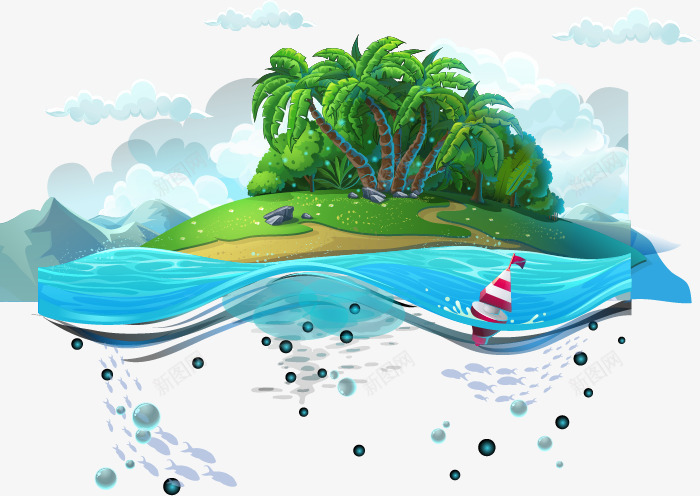 蓝色海面上的小岛png免抠素材_新图网 https://ixintu.com 小岛 树林 棕榈树 椰树 浮标
